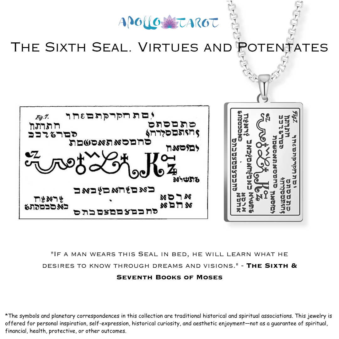 A silver pendant necklace with Hebrew text and symbols from the Sixth Seal / Books of Moses design, shown hanging on a chain against a white background with product details and text overlays.