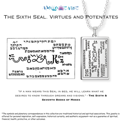A silver pendant necklace with Hebrew text and symbols from the Sixth Seal / Books of Moses design, shown hanging on a chain against a white background with product details and text overlays.
