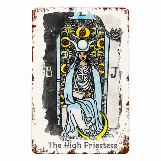Tin Sign Of The High Priestess Tarot Card Painting • Major Arcana Waite-Style Cards Vintage Metal Print • Apollo Tarot Design Shop