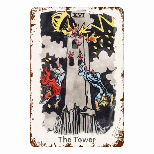 Tin Sign Of The Tower Tarot Card Painting • Major Arcana Waite-Style Cards Vintage Metal Print • Apollo Tarot Design Shop