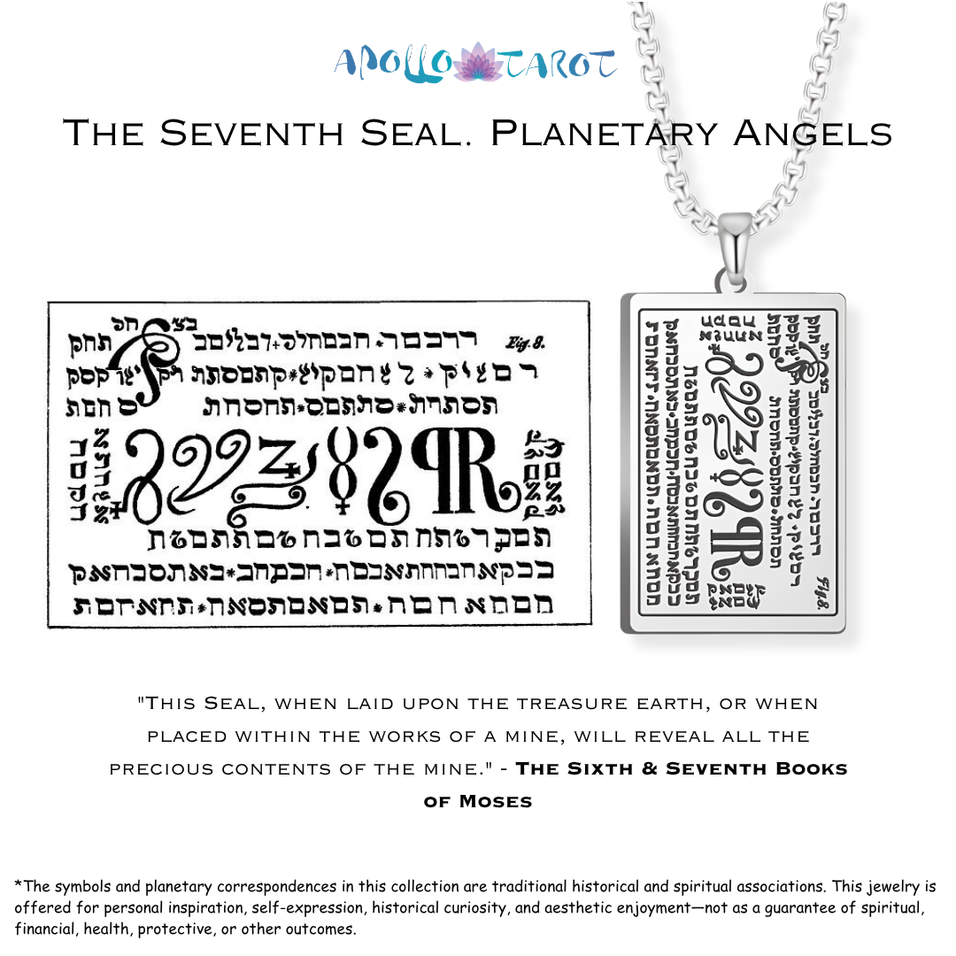 A silver rectangular pendant necklace with Hebrew text and symbols from the 6th & 7th Books of Moses, shown next to a matching engraved plate on a white background. The top of the image includes the title 'THE SEVENTH SEAL. PLANETARY ANGELS.