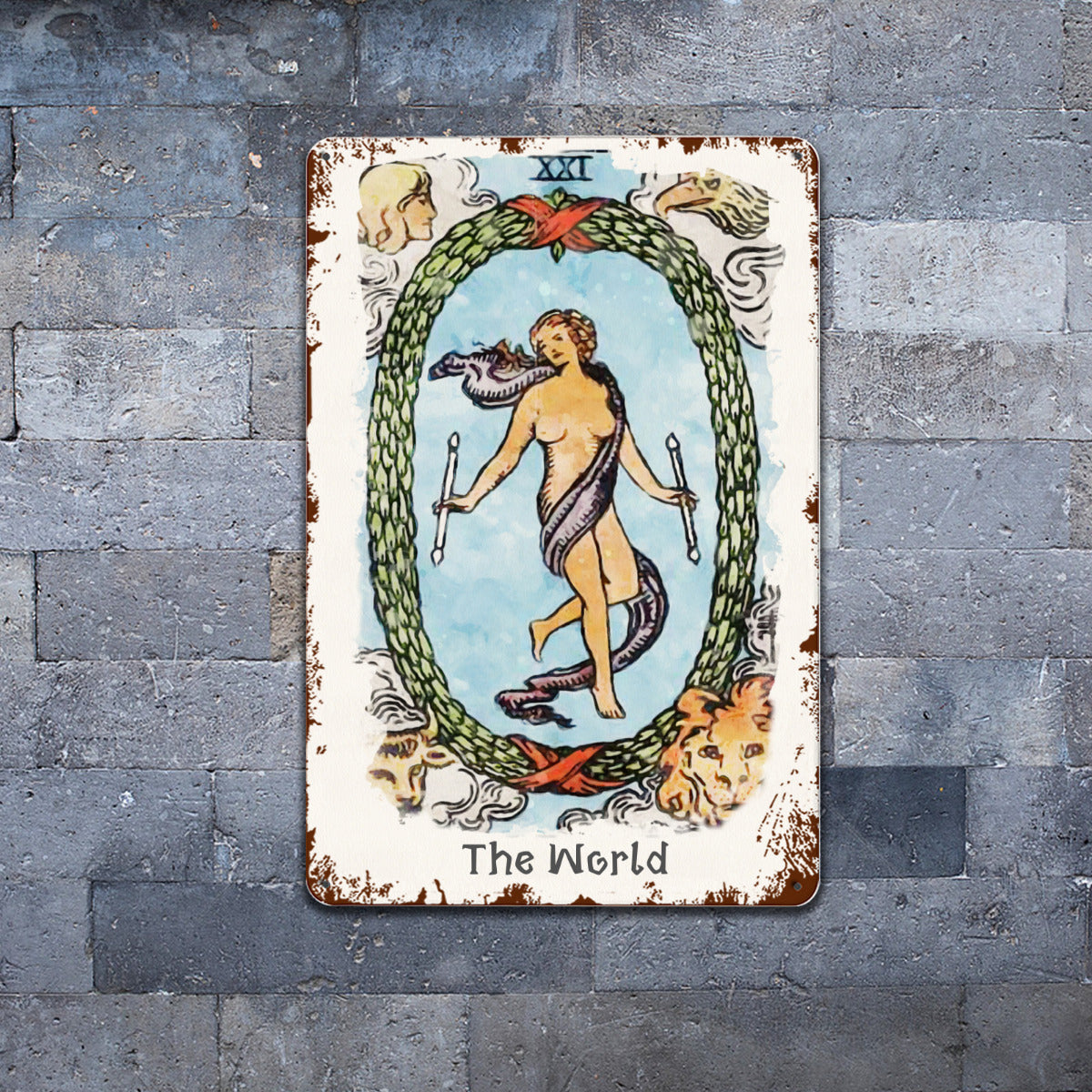 Tin Sign Of The World Tarot Card Painting • Major Arcana Waite-Style Cards Vintage Metal Print • Apollo Tarot Design Shop