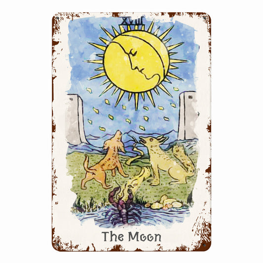 Tin Sign Of The Moon Tarot Card Painting • Major Arcana Waite-Style Cards Vintage Metal Print • Apollo Tarot Design Shop