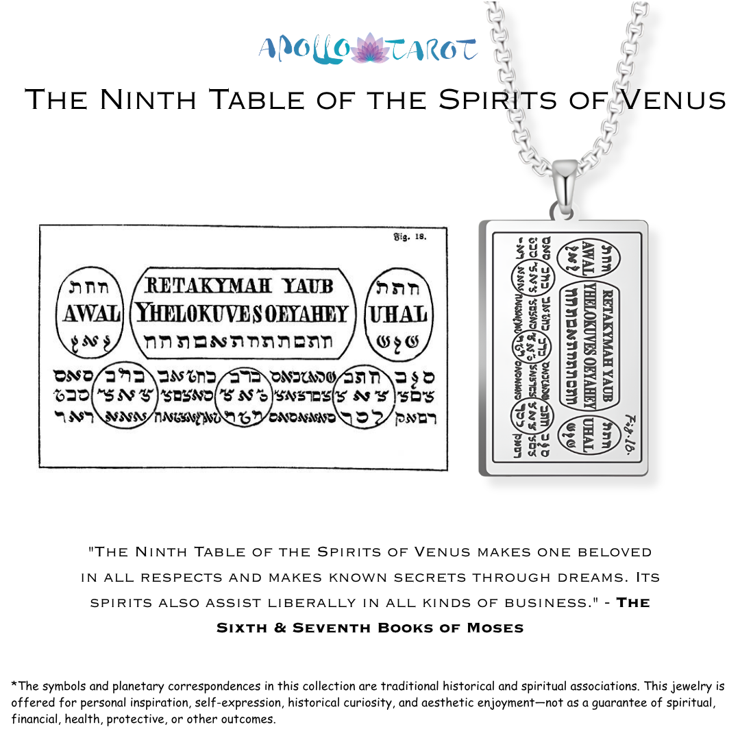 A silver pendant necklace with a rectangle engraved plate reading 'The Ninth Table of the Spirits of Venus' in Hebrew and English. The table is taken from the 6th and 7th Books of Moses.