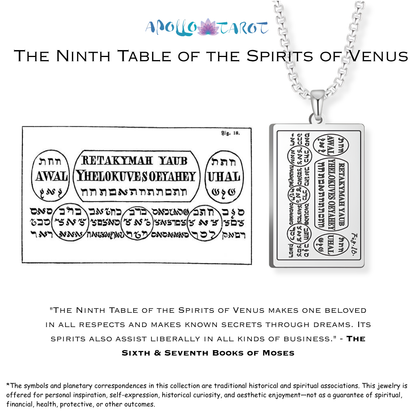 A silver pendant necklace with a rectangle engraved plate reading 'The Ninth Table of the Spirits of Venus' in Hebrew and English. The table is taken from the 6th and 7th Books of Moses.
