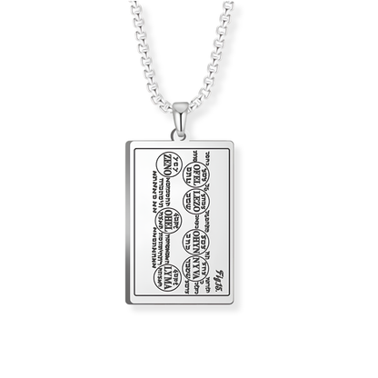 A silver rectangular pendant necklace featuring black printed text and circular logo elements composing the Sixth Table of Jupiter from the 6th & 7th Books of Moses, suspended from a silver chain against a plain white background.