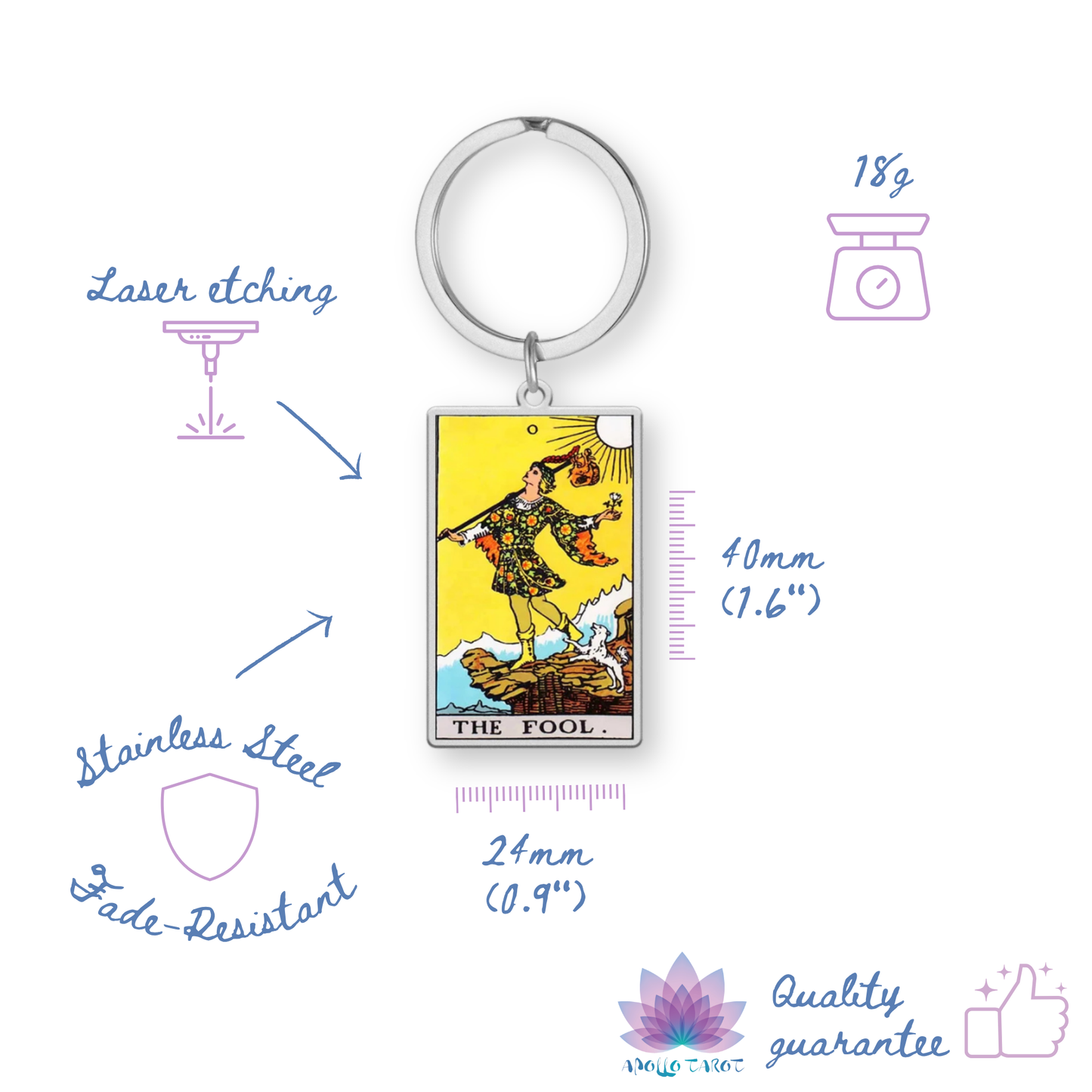 Tarot Card Keychain • Collectable Colored Waite-Style Cards Keyring With Engraved Stainless Steel Pendants • Apollo Tarot Shop