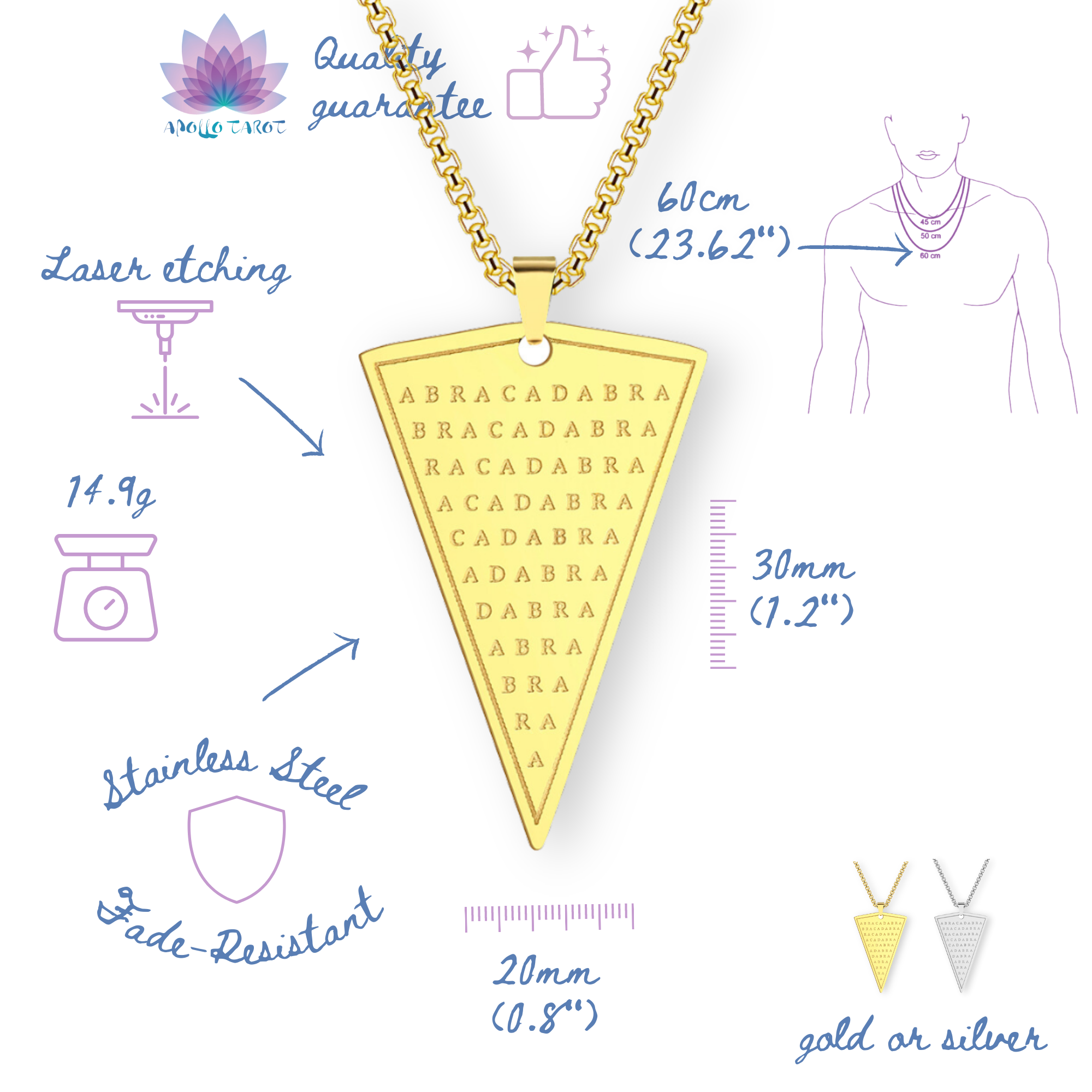 Abracadabra Kabbalah Necklace | Protection Healing Magick Triangle Pendant | Esoteric Unisex Cabbalist Occult Amulet Jewelry | Apollo Tarot Shop