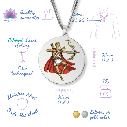 Medallion with the Greek God Apollo design on a white background with text and measurements