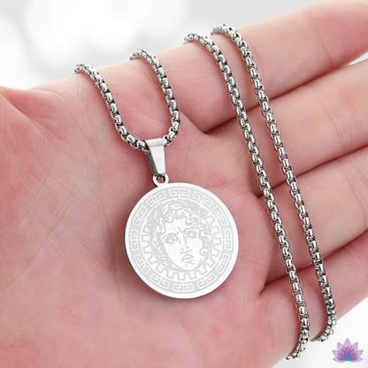 Apollo & Medusa Necklace • Ancient Greek Mythology Stainless Steel Round Pendant • Roman God Of Sun Charm • Gorgon Pagan Worship Jewelry • Apollo Tarot Shop