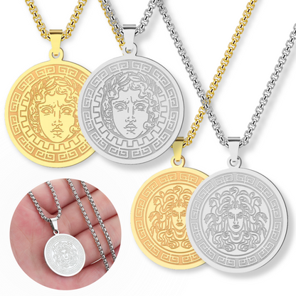 Apollo & Medusa Necklace • Ancient Greek Mythology Stainless Steel Round Pendant • Roman God Of Sun Charm • Gorgon Pagan Worship Jewelry • Apollo Tarot Shop