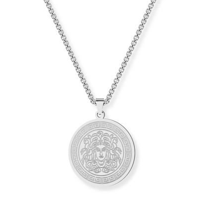 Apollo & Medusa Necklace • Ancient Greek Mythology Stainless Steel Round Pendant • Roman God Of Sun Charm • Gorgon Pagan Worship Jewelry • Apollo Tarot Shop