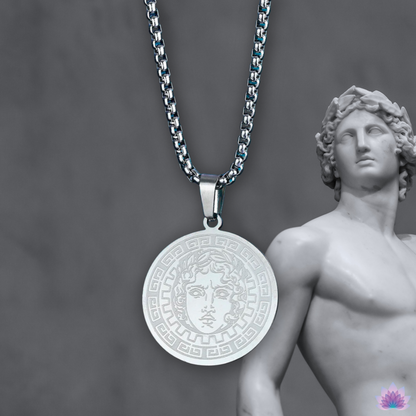 Apollo & Medusa Necklace • Ancient Greek Mythology Stainless Steel Round Pendant • Roman God Of Sun Charm • Gorgon Pagan Worship Jewelry • Apollo Tarot Shop