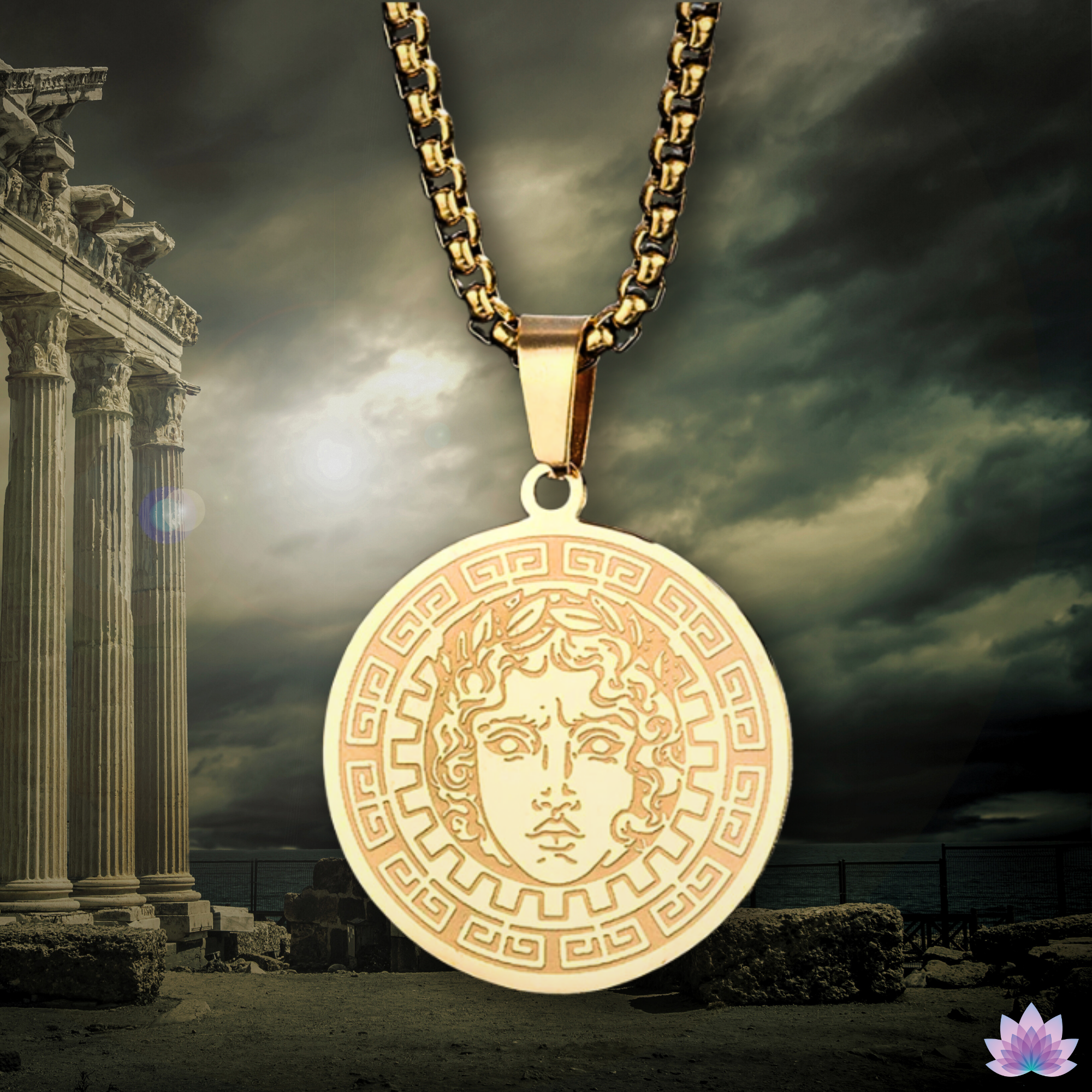 Apollo & Medusa Necklace • Ancient Greek Mythology Stainless Steel Round Pendant • Roman God Of Sun Charm • Gorgon Pagan Worship Jewelry • Apollo Tarot Shop