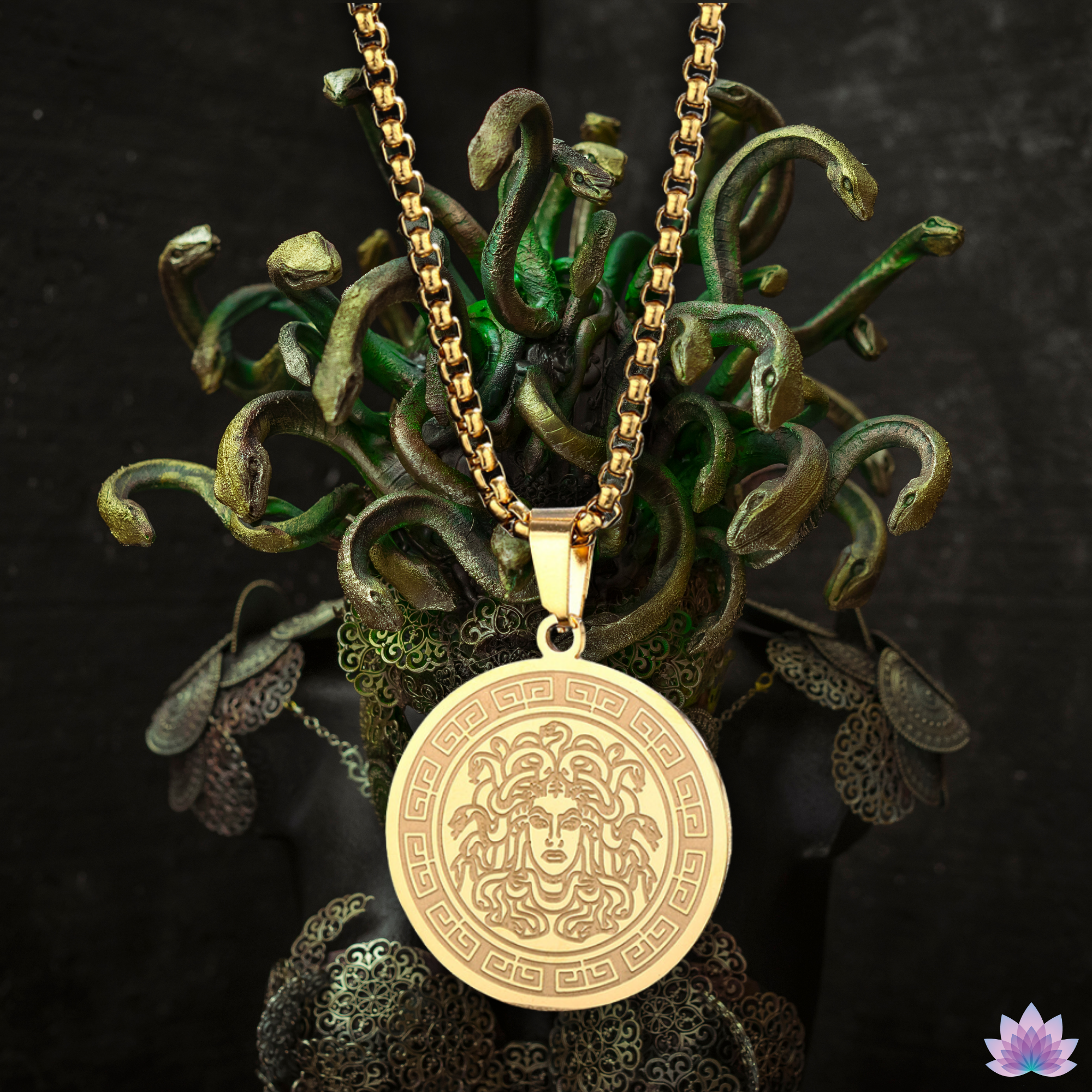 Apollo & Medusa Necklace • Ancient Greek Mythology Stainless Steel Round Pendant • Roman God Of Sun Charm • Gorgon Pagan Worship Jewelry • Apollo Tarot Shop