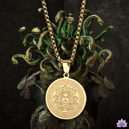 Apollo & Medusa Necklace • Ancient Greek Mythology Stainless Steel Round Pendant • Roman God Of Sun Charm • Gorgon Pagan Worship Jewelry • Apollo Tarot Shop