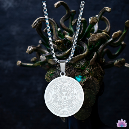 Apollo & Medusa Necklace • Ancient Greek Mythology Stainless Steel Round Pendant • Roman God Of Sun Charm • Gorgon Pagan Worship Jewelry • Apollo Tarot Shop