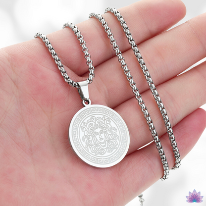 Apollo & Medusa Necklace • Ancient Greek Mythology Stainless Steel Round Pendant • Roman God Of Sun Charm • Gorgon Pagan Worship Jewelry • Apollo Tarot Shop