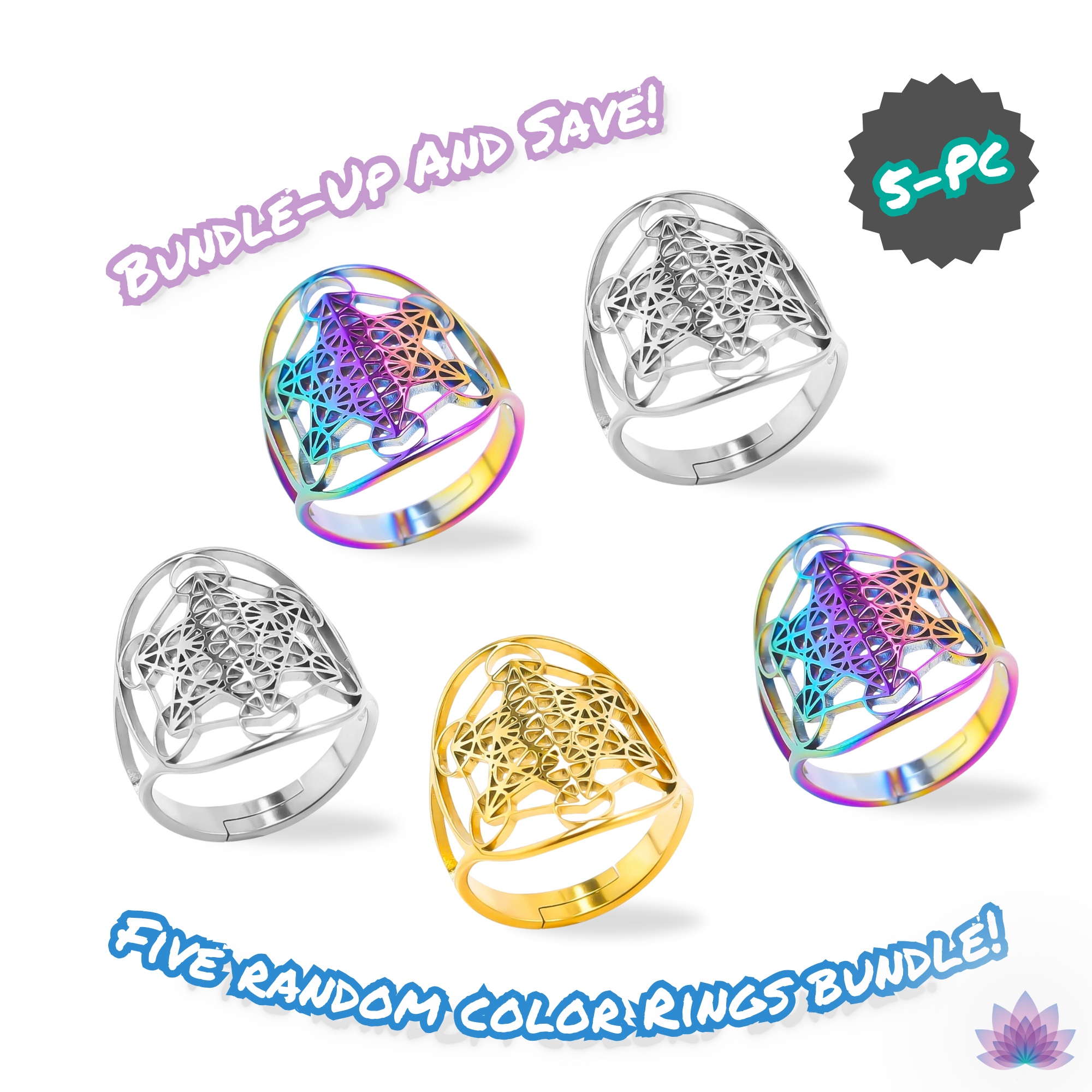 Archangel Metatron Cube Ring 5-pc Bundle • Witchy Silver-Gold-Rainbow Adjustable Occult Magick Jewelry • Five Sacred Geometry Rings Set • Apollo Tarot Shop