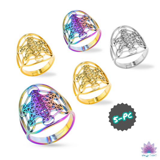 Archangel Metatron Cube Ring 5-pc Bundle • Witchy Silver-Gold-Rainbow Adjustable Occult Magick Jewelry • Five Sacred Geometry Rings Set • Apollo Tarot Shop