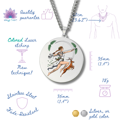 Jewelry necklace with a  Goddess Artemis design on a white background, featuring measurements and material information.