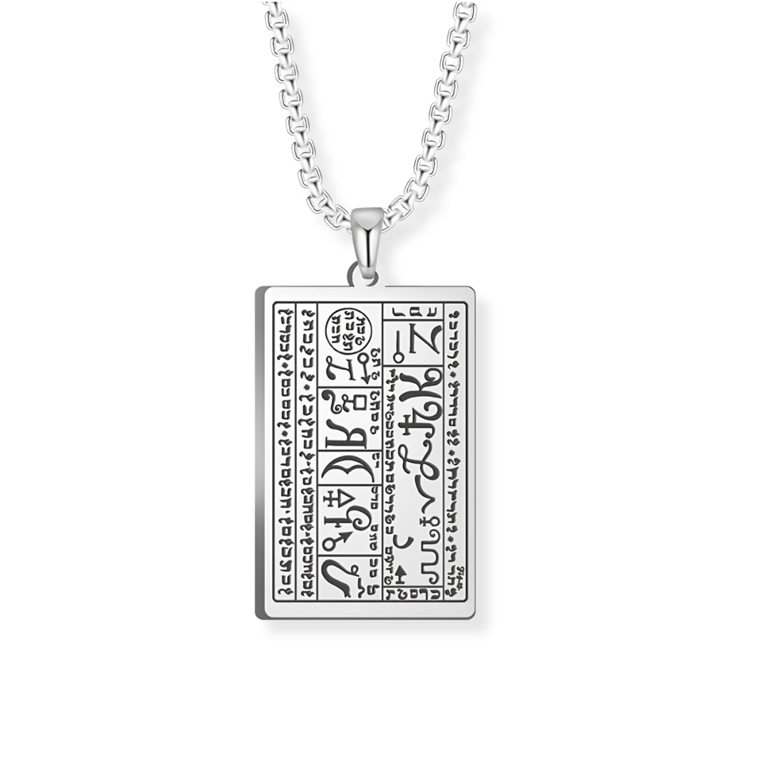 A silver rectangular pendant necklace featuring the Generation Seal engraved with mystical script from the 6th & 7th Books of Moses, suspended from a silver chain against a plain white background.