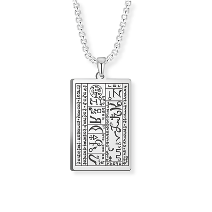 A silver rectangular pendant necklace featuring the Generation Seal engraved with mystical script from the 6th & 7th Books of Moses, suspended from a silver chain against a plain white background.