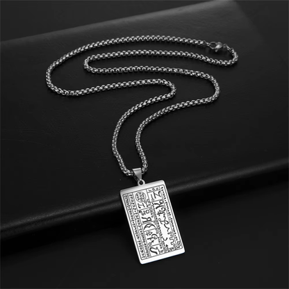 Silver necklace engraved with the Generation Seal from the 6th & 7th Books of Moses with a rectangular pendant on a black background