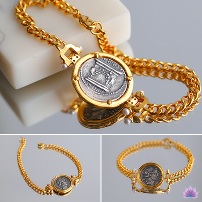 Bonus Eventus Roman Coin Bracelet ⚬ Success Amulet Ancient Silver Denarius Replica Pendant ⚬ BON. EVENT. LIBO. Double-Sided Embossed Roman Republic Jewelry