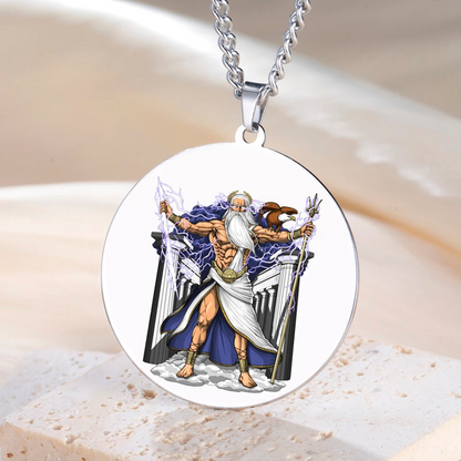 Colored Greek Mythology Zeus Necklace • Jupiter Pagan Worship Round Pendant • Ancient Greece Stainless Steel Jewelry