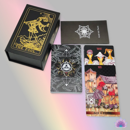 Dark Gold Foil Tarot Deck • Premium PVC Plastic Red & Black Card + Gift Box + Guidebook For Beginner Divination Witch • Classic Waite Oracle • Apollo Tarot Shop