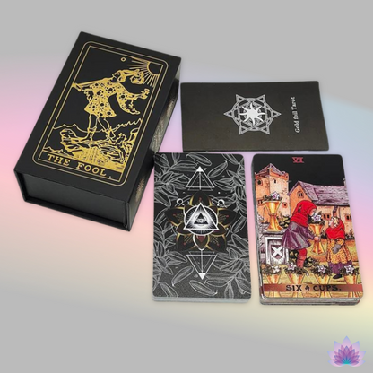 Dark Gold Foil Tarot Deck • Premium PVC Plastic Red & Black Card + Gift Box + Guidebook For Beginner Divination Witch • Classic Waite Oracle • Apollo Tarot Shop