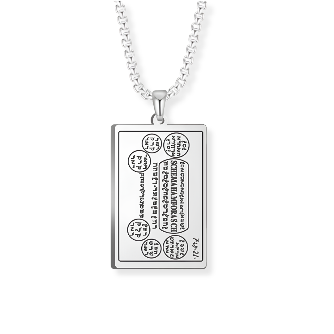 A silver rectangular pendant necklace featuring engraved black text and circular diagrams of the Twelfth Table of Schemhamforash, suspended from a silver box chain against a plain white background.