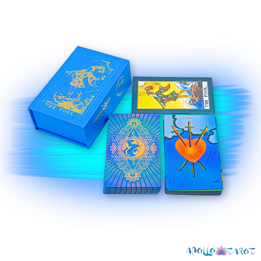 Electric Blue Gold Foil Tarot Card Deck, Waite Oracle Cards Gift Box & Guidebook • Apollo Tarot Shop