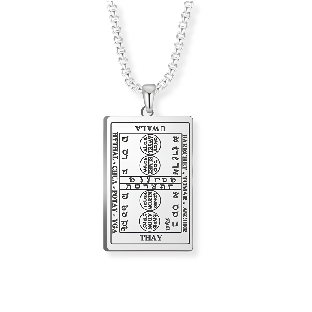 A silver rectangular pendant necklace featuring engraved script from the 6th and 7th Books of Moses, suspended from a silver box chain against a plain white background.