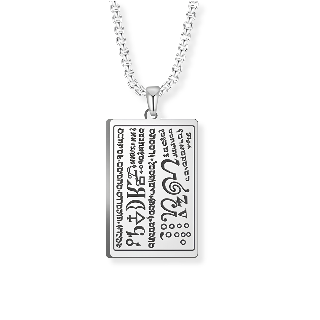 A silver rectangular pendant necklace featuring engraved script and symbols of the Fifth Seal Principalities, suspended from a silver chain against a plain white background.