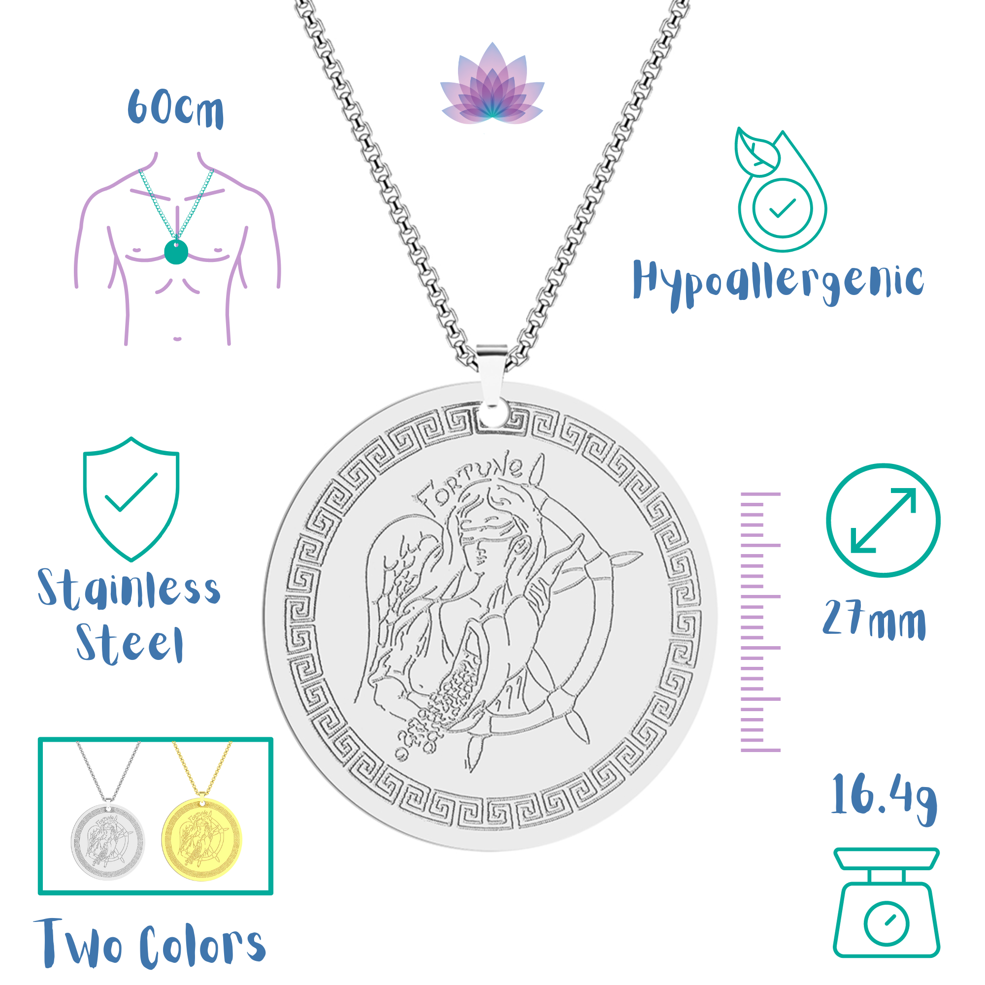Goddess Fortuna Necklace | Greek Mythology Tyche Amulet | Greco-Roman Goddess of Luck Pendant | Pagan Deity Worship Jewelry Gift