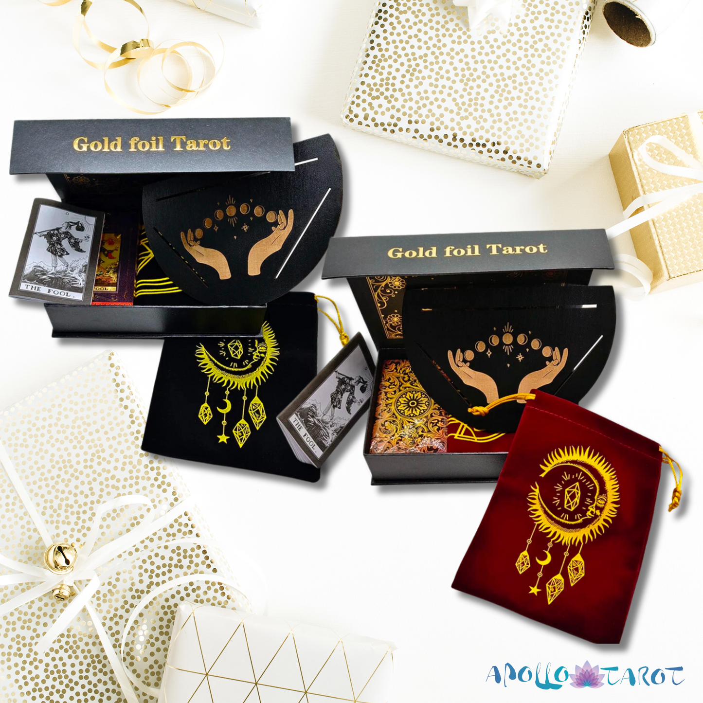 Gold Foil Tarot Cards Deck Premium Gift Box • Classic Waite Plastic Tear-Resistant Card + Velvet Bag + Wood Stand + Guidebook Divination Set • Apollo Tarot Shop