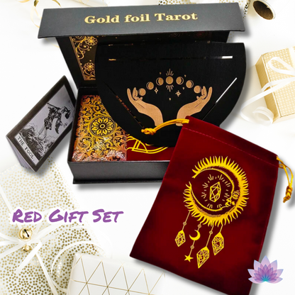 Gold Foil Tarot Cards Deck Premium Gift Box • Classic Waite Plastic Tear-Resistant Card + Velvet Bag + Wood Stand + Guidebook Divination Set • Apollo Tarot Shop