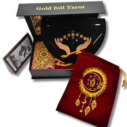 Gold Foil Tarot Cards Deck Premium Gift Box • Classic Waite Plastic Tear-Resistant Card + Velvet Bag + Wood Stand + Guidebook Divination Set • Apollo Tarot Shop