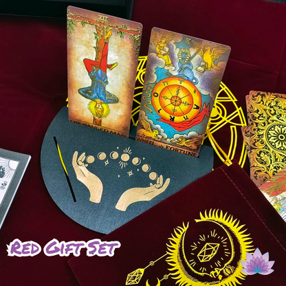 Gold Foil Tarot Cards Deck Premium Gift Box • Classic Waite Plastic Tear-Resistant Card + Velvet Bag + Wood Stand + Guidebook Divination Set • Apollo Tarot Shop