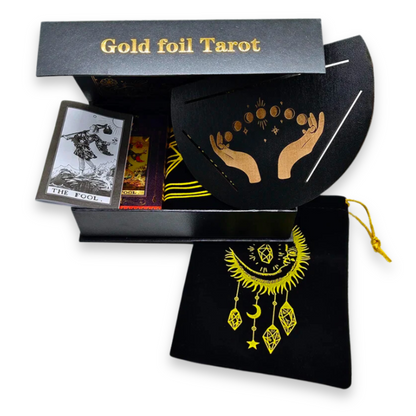 Gold Foil Tarot Cards Deck Premium Gift Box • Classic Waite Plastic Tear-Resistant Card + Velvet Bag + Wood Stand + Guidebook Divination Set • Apollo Tarot Shop