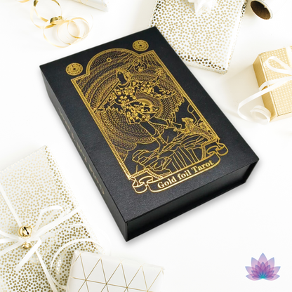 Gold Foil Tarot Cards Deck Premium Gift Box • Classic Waite Plastic Tear-Resistant Card + Velvet Bag + Wood Stand + Guidebook Divination Set • Apollo Tarot Shop