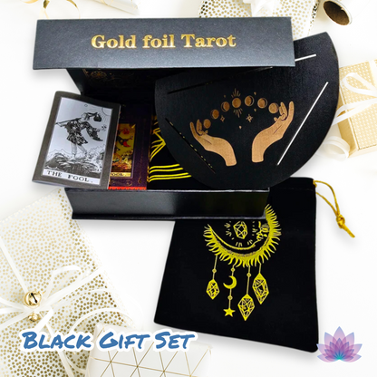 Gold Foil Tarot Cards Deck Premium Gift Box • Classic Waite Plastic Tear-Resistant Card + Velvet Bag + Wood Stand + Guidebook Divination Set • Apollo Tarot Shop