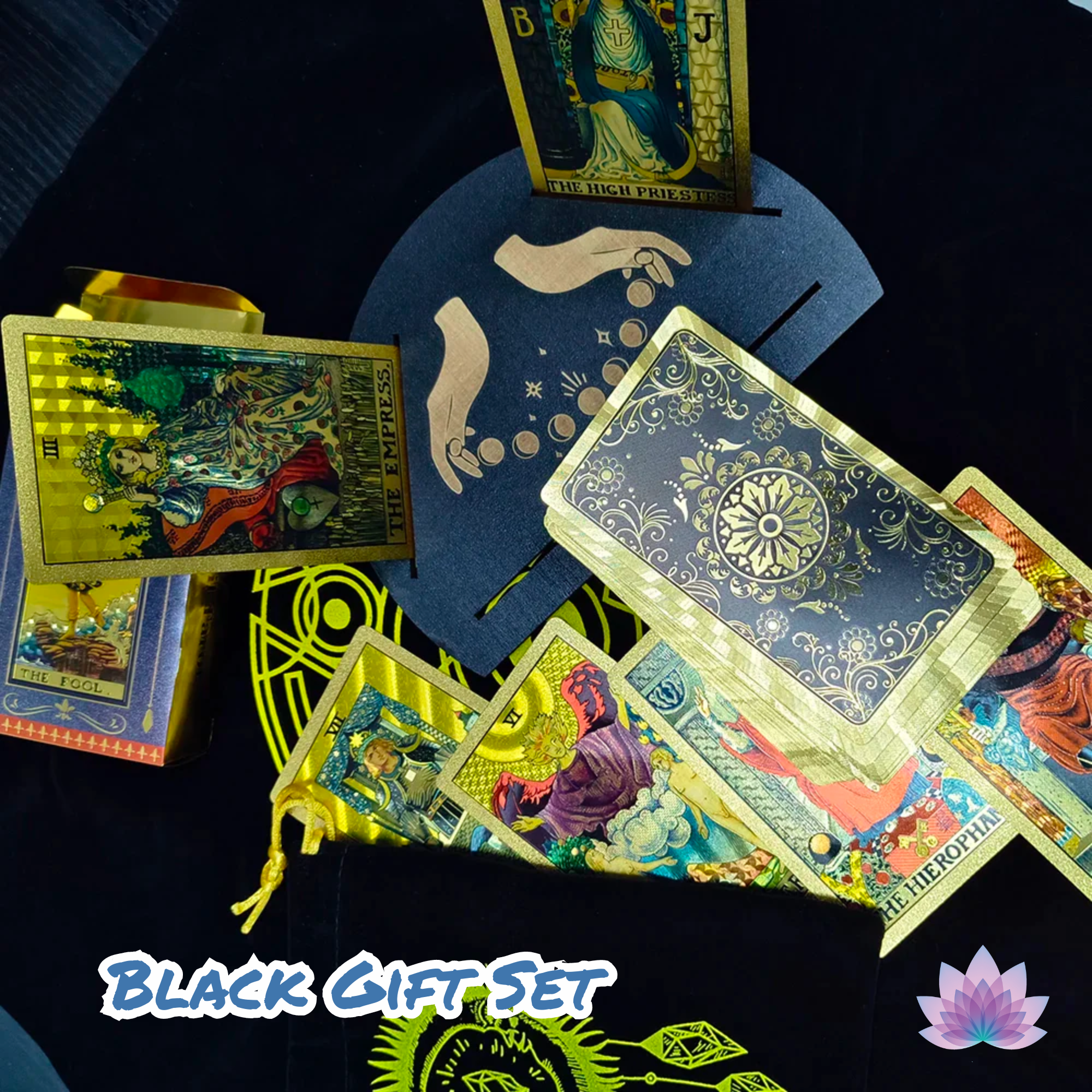 Gold Foil Tarot Cards Deck Premium Gift Box • Classic Waite Plastic Tear-Resistant Card + Velvet Bag + Wood Stand + Guidebook Divination Set • Apollo Tarot Shop