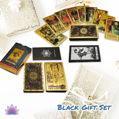 Gold Foil Tarot Cards Deck Premium Gift Box • Classic Waite Plastic Tear-Resistant Card + Velvet Bag + Wood Stand + Guidebook Divination Set • Apollo Tarot Shop