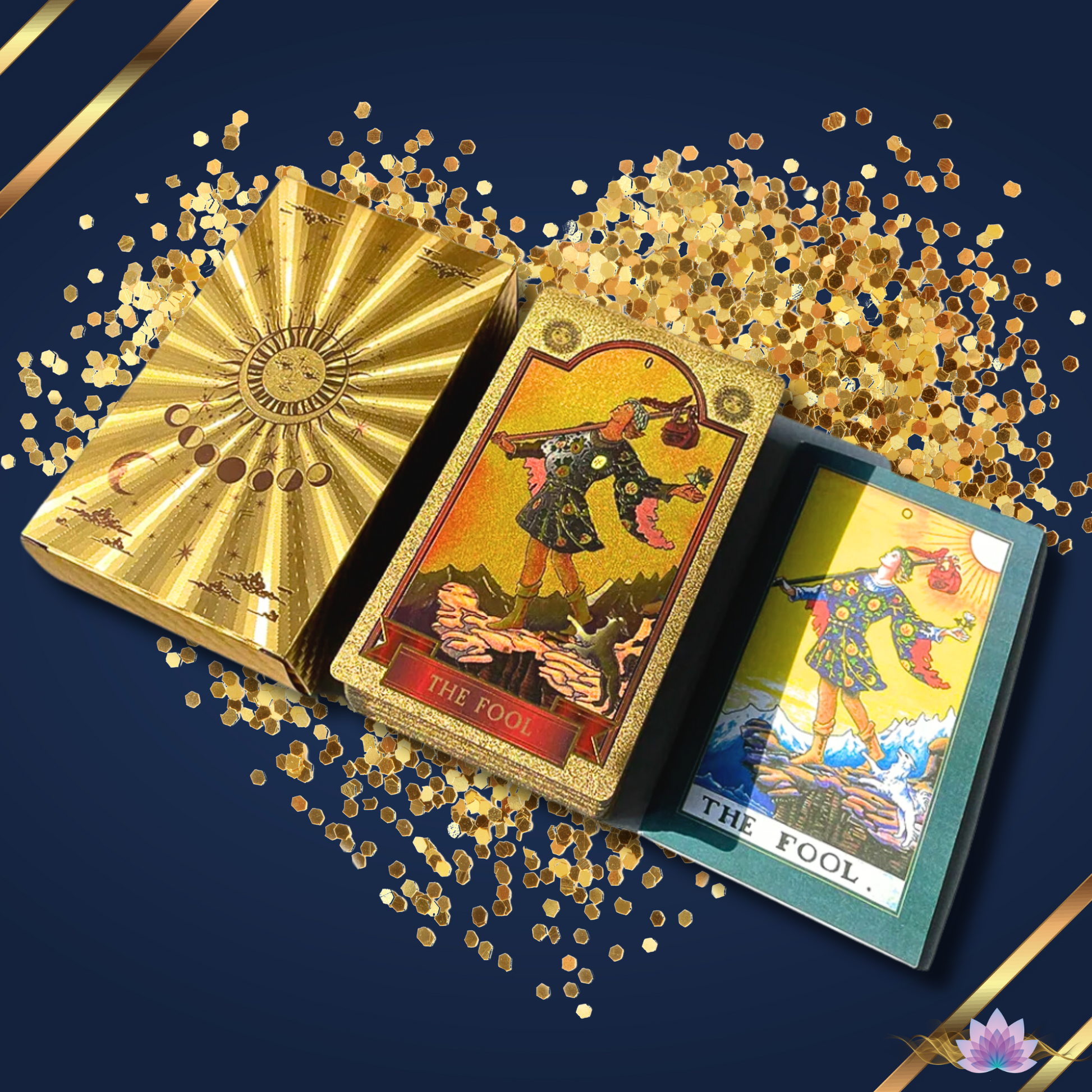 Gold Foil Tarot Cards, Premium Cardboard Tuckbox, Complete Deck High-End Plastic Holographic Tear-Resistant Waite Style Card Set + Guidebook • Apollo Tarot Shop