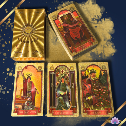 Gold Foil Tarot Cards, Premium Cardboard Tuckbox, Complete Deck High-End Plastic Holographic Tear-Resistant Waite Style Card Set + Guidebook • Apollo Tarot Shop