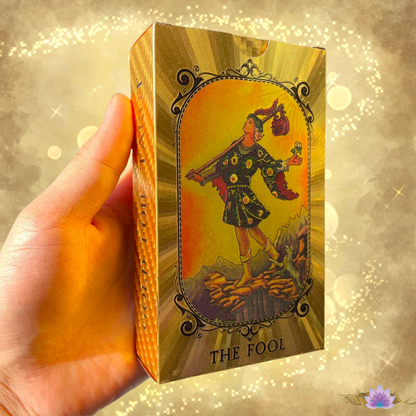 Gold Foil Tarot Cards, Premium Cardboard Tuckbox, Complete Deck High-End Plastic Holographic Tear-Resistant Waite Style Card Set + Guidebook • Apollo Tarot Shop