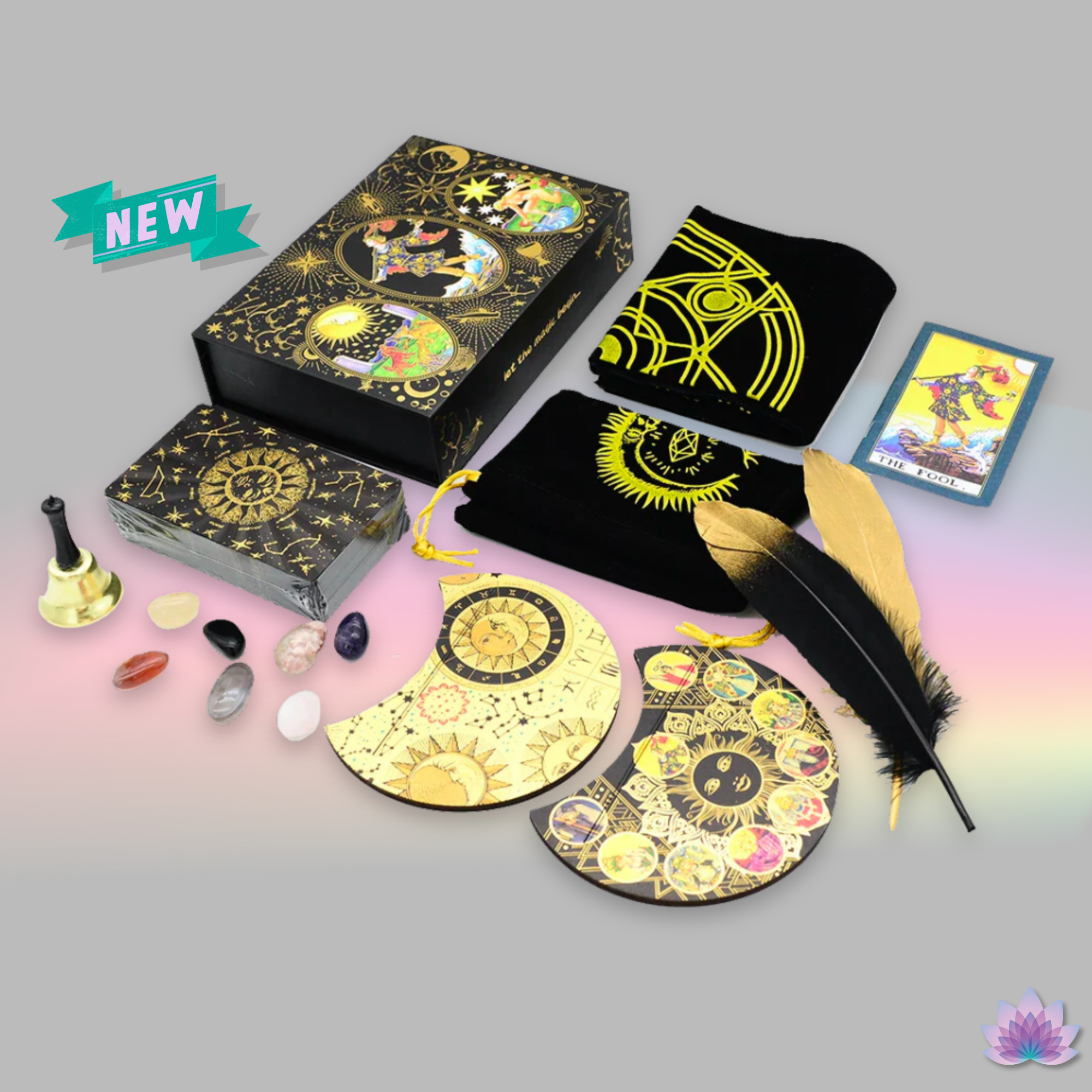Gold Foil Tarot Deck • Deluxe Box + Witchy Gift Set & Beginner's Guidebook • Premium Golden Wear-Resistant Cards + Wooden Stand, Feathers, Crystals, Bell, Tablecloth, Bag • Apollo Tarot Shop